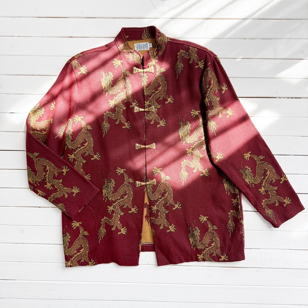 Silverado vtg burgundy red gold‎ dragon woven tapestry blanket jacket size M